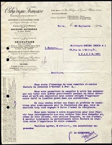 Facture 1912 oxhydrique - facture,