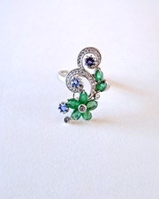 Bague émeraude tanzanite argent 925 / or blanc Taille 54