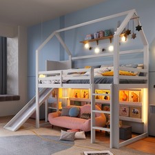 Lit Mezzanine 90*200 cm, En Forme De Maison, Étagères, Sans Matelas, Blanc