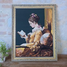 Superbe Grand Canevas Reproduction de La Liseuse de Fragonard dans un Cadre Doré