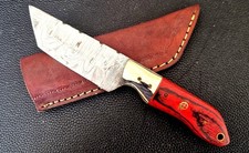  Couteau   fixe Artisanal  Damas  avec étui cuir