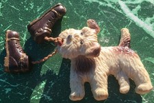 FRENCH 1930s CELLULOID BROOCH~FOX TERRIER DOG~MOVING HEAD~DANGLING SHOES CHARMS