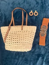 Sac De Plage Femme En Paille Tressée Avec Bandoulière Et Poignées En Cuir Marron