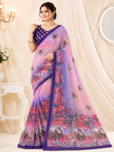 Ensemble saree violet imprimé - saree,