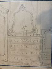 Beau Dessin Crayon Miroir Commode Interieur 1910 Art Déco A Identifier Ancien