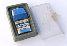 briquet a essence Scripto Vu lighter chrome bleu vintage France rare collectible