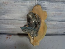 Ancien bénitier en bronze ange angelot support bois signature chretien putti