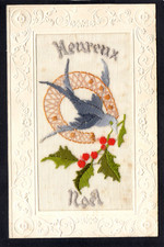 CARTE BRODEE - Heureux Noel - Hirondelle / Fer à Cheval - Embroidered Card