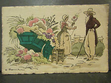cpa illustrateur signée zoucher romantique charrette fleurie elegant elegante
