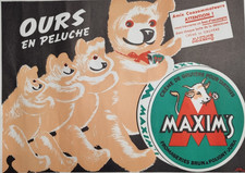 Affiche publicitaire ancienne Ours en peluche crème de gruyère MAXIM’S vers 1950