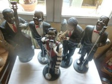 Statues orchestre  5 musiciens et chanteurs noirs de Jazz - Vintage 49 cm