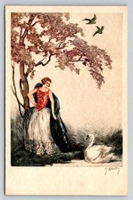 Postcard Woman Swan Romantic