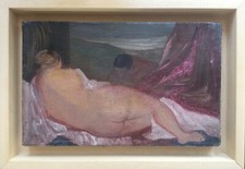 Pierre GEORGEOT 1914-1990.Le nu et le voyeur.Huile sur toile signée.14x22.Cadre