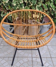 ANCIEN LARGE FAUTEUIL VINTAGE OSIER PIEDS TUBULAIRE EN FER NOIR