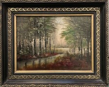 Tableau peinture ancienne paysage de sous bois XXe