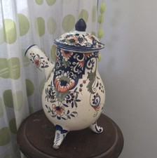 ANTIQUE FRENCH Hot Chocolate Pot Faience Pottery Rouan Tin-glazed hand painted