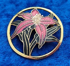 Vintage Bijou BROCHE métal doré Fleur Hibiscus Émail Cloisonné 