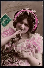 CB155 New Year BEAUTIFUL LADY WOMAN FANCY HAT FEATHER BOA Tinted PHOTO pc 1912