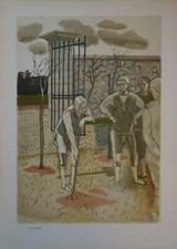 Maurice BRIANCHON : Le vieillard et les trois jeunes hommes, Gravure signée