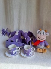 Occasion Lot PUBLICITAIRE Vache MILKA Peluche + 2 Tasses + 2 soucoupes + bonnet