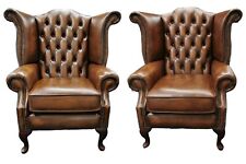 Fauteuils Chesterfield Scroll Wing en cuir marron ancien, lot de 2 fauteuils ...