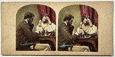UK Couple Jeu d’échecs Photo c1860 Stereo Albumine colorisée Vintage 