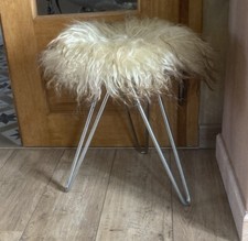 Ancien Rare tabouret Vintage Design Flokati Pied Métal Épingle1950 Poil Chèvre