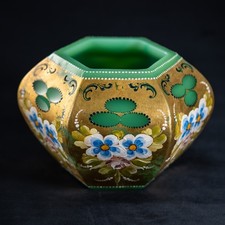 Antique Opaline Glass Vase  FRATELLI FERRO Hand Painted Gold Murano Italy Green