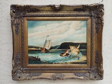 Antique Carré Peinture Huile Sur Table Marine James Webb 1825-1895 Cadre Dorée