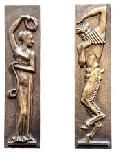 Ancien parement bronze allégorie Musique Danse Faune muse antique Art Déco x 2