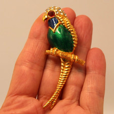 Broche Vintage Signée CARVEN Perroquet modèle N°129 Métal Doré émaillé et Strass