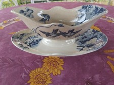 Saucière sur Plateau Jules Vieillard et Cie Bordeaux Ivoire Modèle Oiseaux Bleus