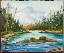 tableau signé: rivière en montagne