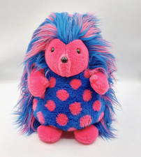 Peluche Vintage ancien doudou hérisson AJENA longs poils bleu rose pois 33 cm