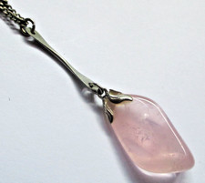 Superbe pendentif couleur argent pierre naturelle quartz rose bijou vintage 5892