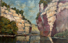 Tableau ancien paysage original, montagne, rivière, montagne 1939