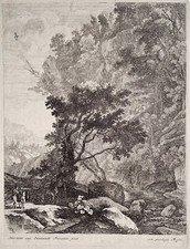 Gravure de van SWANEVELT, paysage montagneux, voyageurs, torrent, eau forte XVII