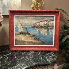 Huile Sur Toile Ancienne Représentant Un Port De Pêche Italien, XX Ème s