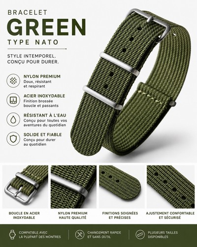 Bracelet montre nato - bracelet, vert