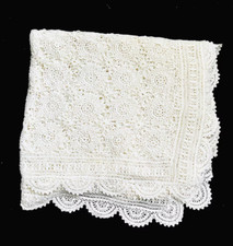 French Vintage Bed Coverlet Hand Crocheted with Lacy Border