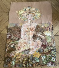 Grande Tenture  Patchwork  Murale / Artiste Élyane Pérel Signée  : Femme Fleurs