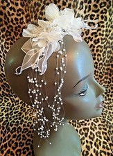 FRENCH 1970s BRIDE HAIR ACCESSORY HEADPIECE~ WHITE ORGANZA FLOWERS & PEARLS ~NEW