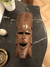 Ancien Masque Africain-41x15cm-en Bois et Ivoire-Fait Main-Décoration Murale-Art