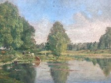 Très Belle Peinture De Gabriel Charles Deneux Paysage Vache Lac Impressionniste