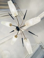 Lustre Ancien À 5 Branches 5 Flèches Noirs Laiton Et Tulipes En Verre An 1950