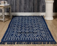 Tapis Dhurrie En Coton Indigo Bleu À Motifs Tissés