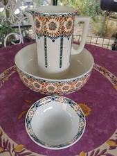 Service de Toilette Broc Cuvette Bol Saint Amand Art Déco Floral Orange Vert 690