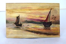 Antique Peinture Eau Couleur Voilier En Soirée Sunlight Chez Rivière Main Peint