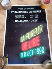 affiche 1990 foire Au Livre Salon Lecture Halle Aux Toiles Rouen 