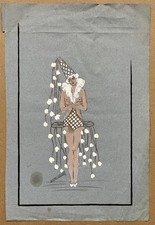 Dessin Art Déco Maquette Costume Femme Nue Voile Revue Cabaret Music Hall Signé